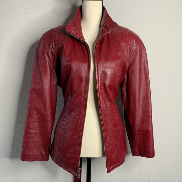 Wilson Leather Vintage Burgundy Leather Belted Jacket Coat - Picture 6 of 11